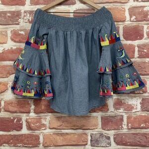 Va Va By Joy Han Top Shirt Women's Small Blue Denim Boho Folkloric Kitsch Birds